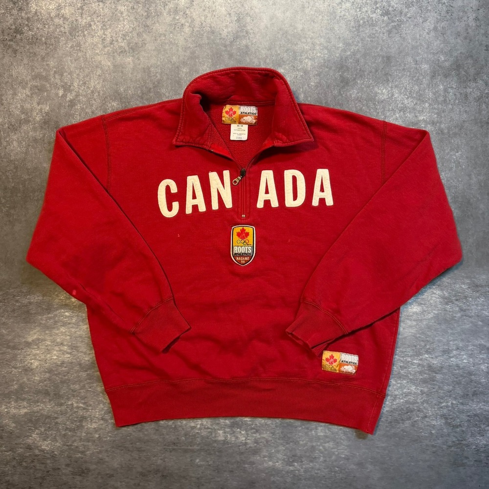 VTG Roots Athletics Canada Nagano 98 Olympics Quarter Zip Sweatshirt Red Mens M